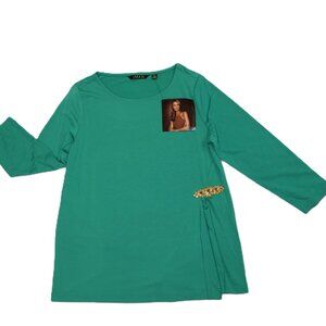 IMAN Green Gold Broach Tunic Blouse Top XS NWT